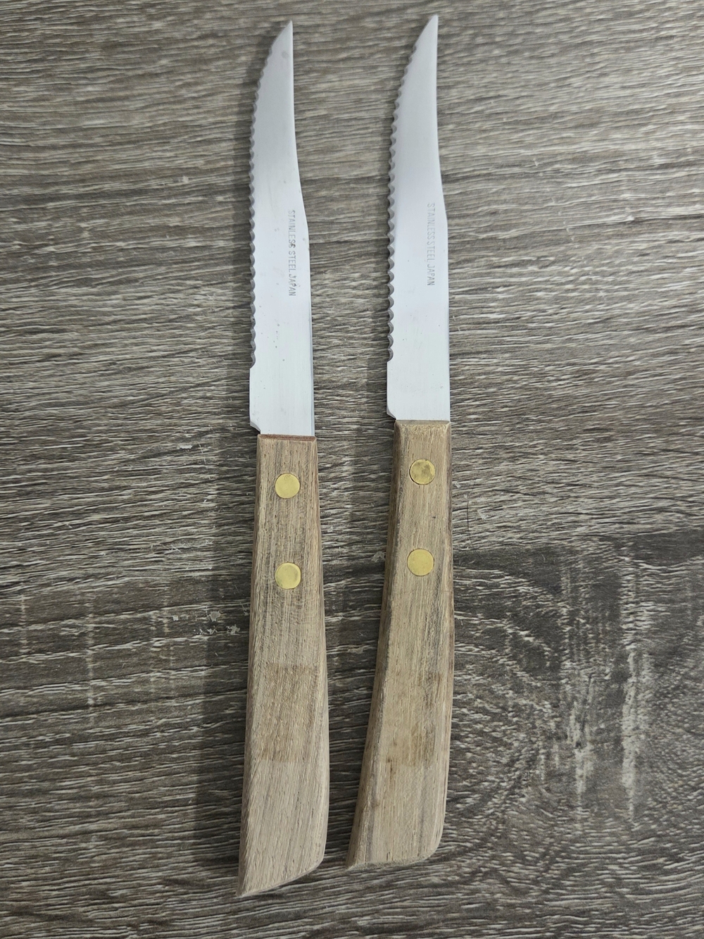 Vintage Set of 2 Stainless Steel Steak Knives with Wooden Handle, Made in Japan.